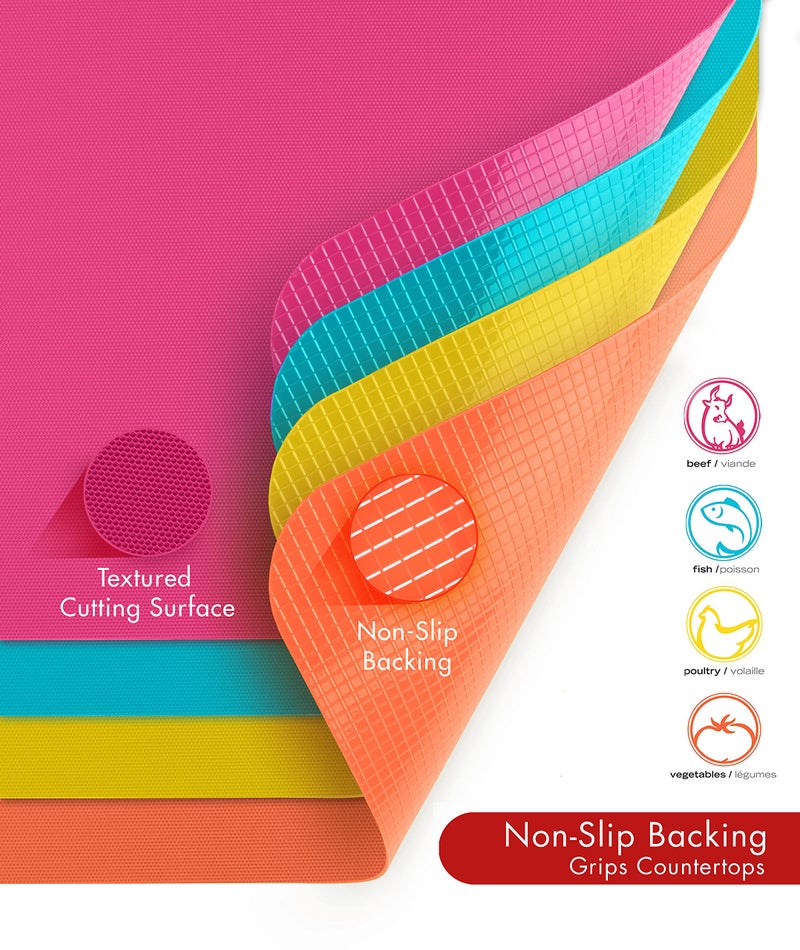 Dexas Heavy Duty Cutting Board Grippmat, Flexible Cutting Boards for Kitchen, Set of 4, Non Slip Plastic Board Cutting Mat 11.5 by 14 inches, Bright Blue, Yellow, Orange and Pink Set Kitchen Gadgets - Image 2